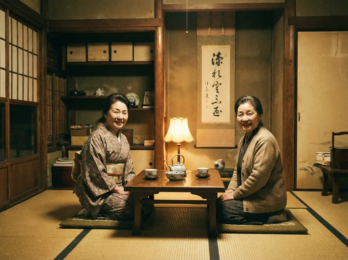 两位优雅的 雅博体育平台 在日式茶室中品茶交谈